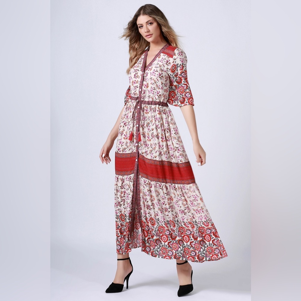 Aly Daly | NEW Red Cream Floral Prairie Maxi Dress Boho Cottage Cotton S